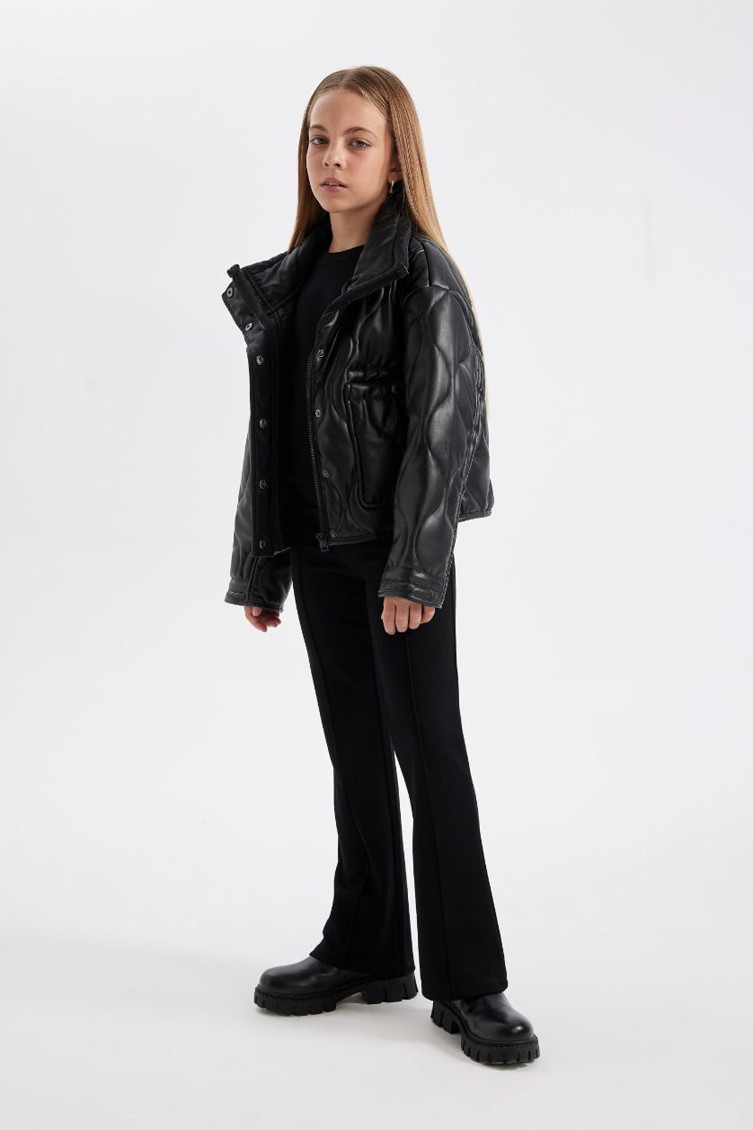 Kız Çocuk - Genç Kız Siyah Su Geçirmez Fermuarlı Çıtçıtlı Cepli Mont Kız Çocuk