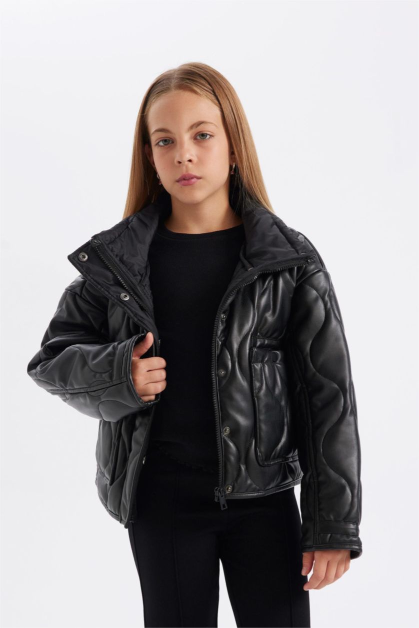 Kız Çocuk - Genç Kız Siyah Su Geçirmez Fermuarlı Çıtçıtlı Cepli Mont Kız Çocuk