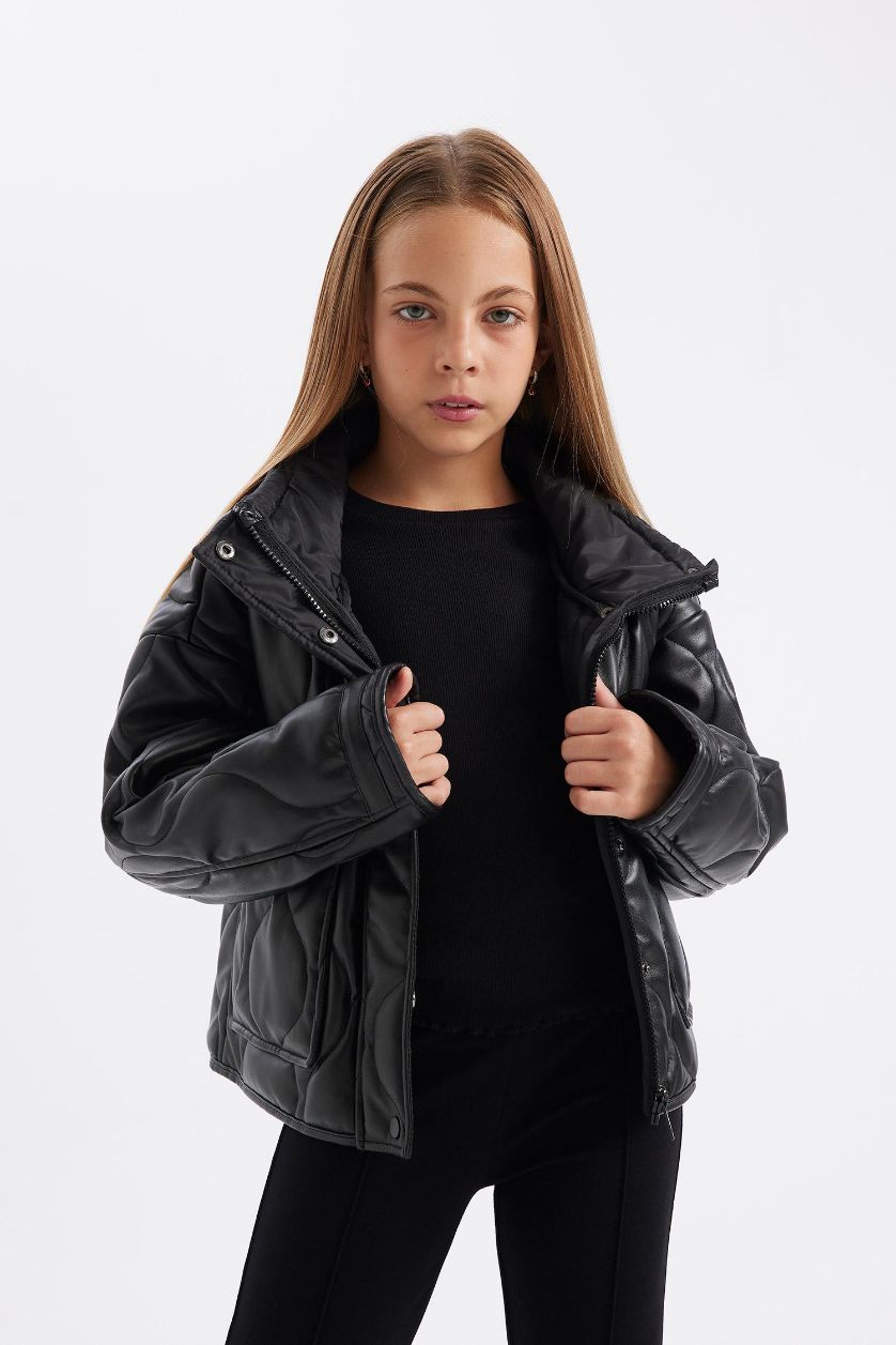 Kız Çocuk - Genç Kız Siyah Su Geçirmez Fermuarlı Çıtçıtlı Cepli Mont Kız Çocuk