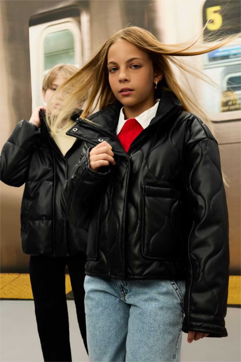 Kız Çocuk - Genç Kız Siyah Su Geçirmez Fermuarlı Çıtçıtlı Cepli Mont Kız Çocuk