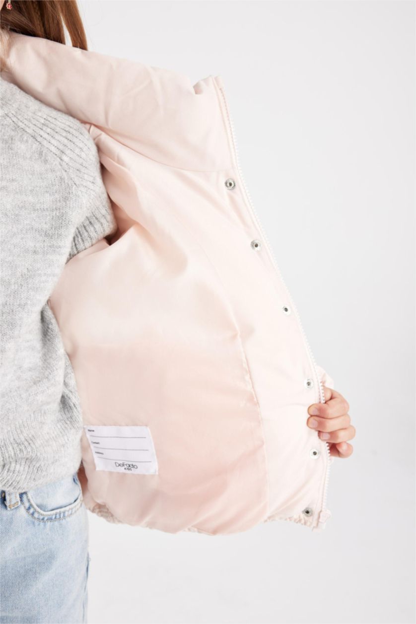 Kız Çocuk - Genç Kız Açık Pembe Kız Çocuk Su Geçirmez Kapüşonlu Çıtçıtlı Şişme Mont