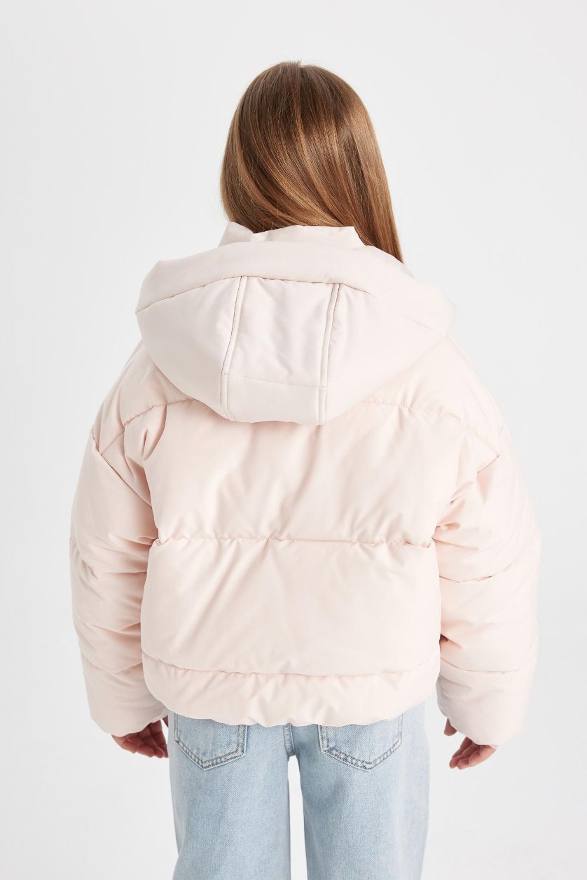 Kız Çocuk - Genç Kız Açık Pembe Kız Çocuk Su Geçirmez Kapüşonlu Çıtçıtlı Şişme Mont