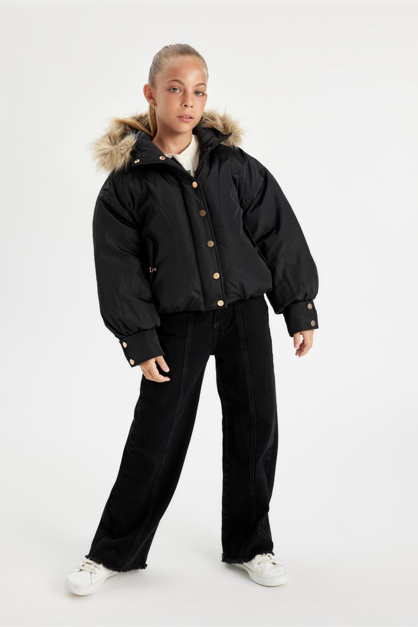 Kız Çocuk - Genç Kız Siyah Çıkarılabilir Kapüşonlu Mont Fermuarlı Çıtçıtlı Cepli Kız Çocuk