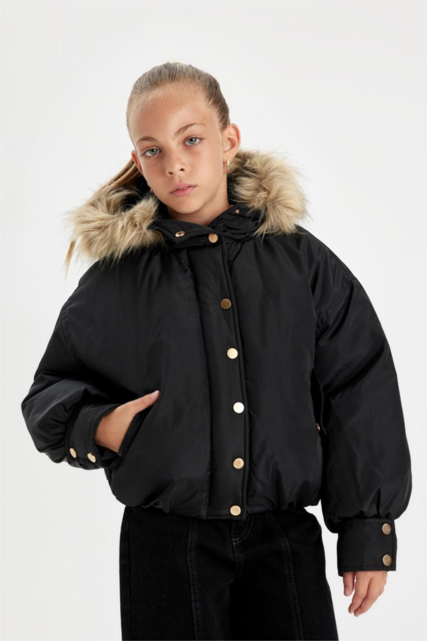 Kız Çocuk - Genç Kız Siyah Çıkarılabilir Kapüşonlu Mont Fermuarlı Çıtçıtlı Cepli Kız Çocuk