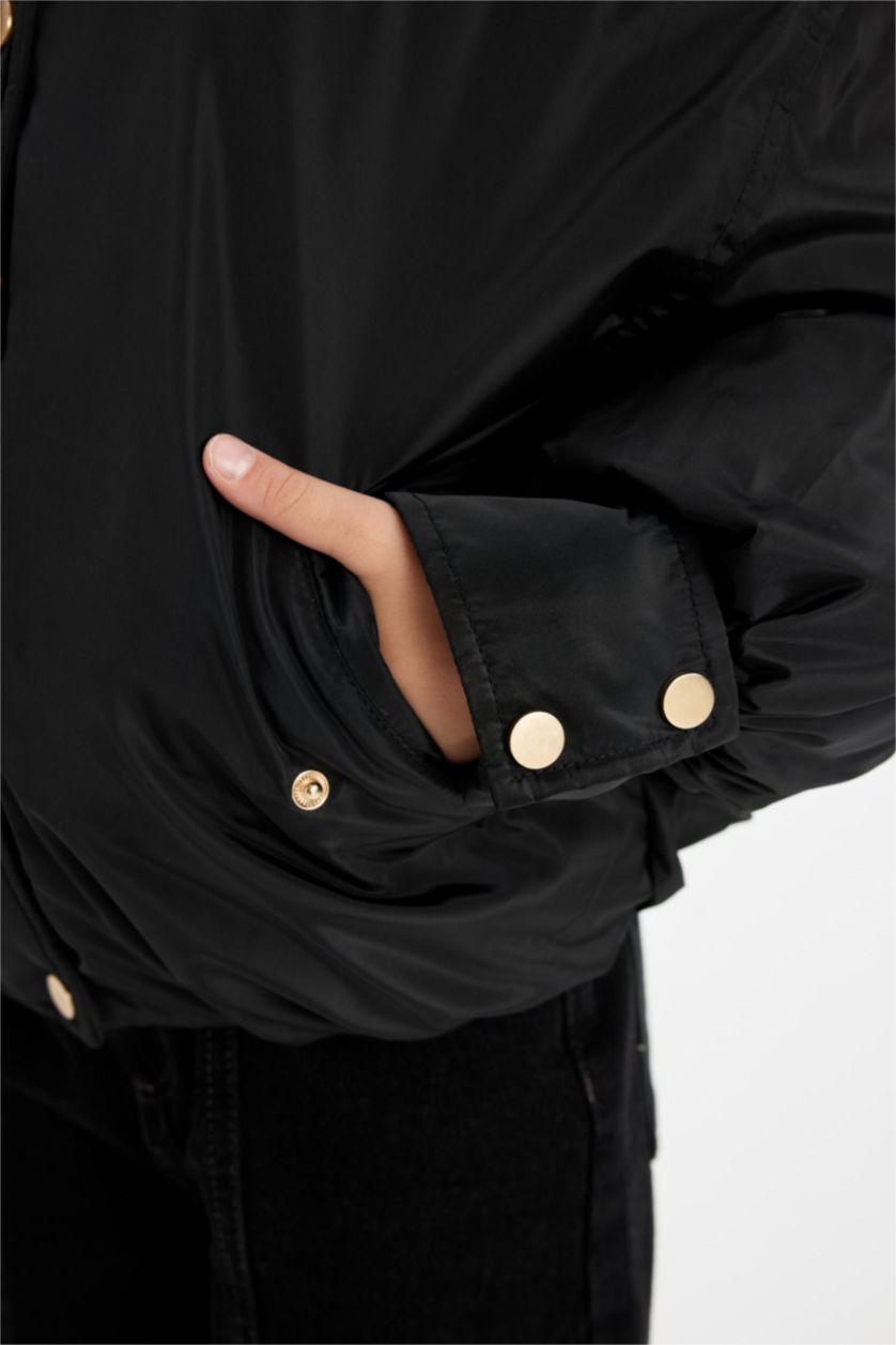 Kız Çocuk - Genç Kız Siyah Çıkarılabilir Kapüşonlu Mont Fermuarlı Çıtçıtlı Cepli Kız Çocuk