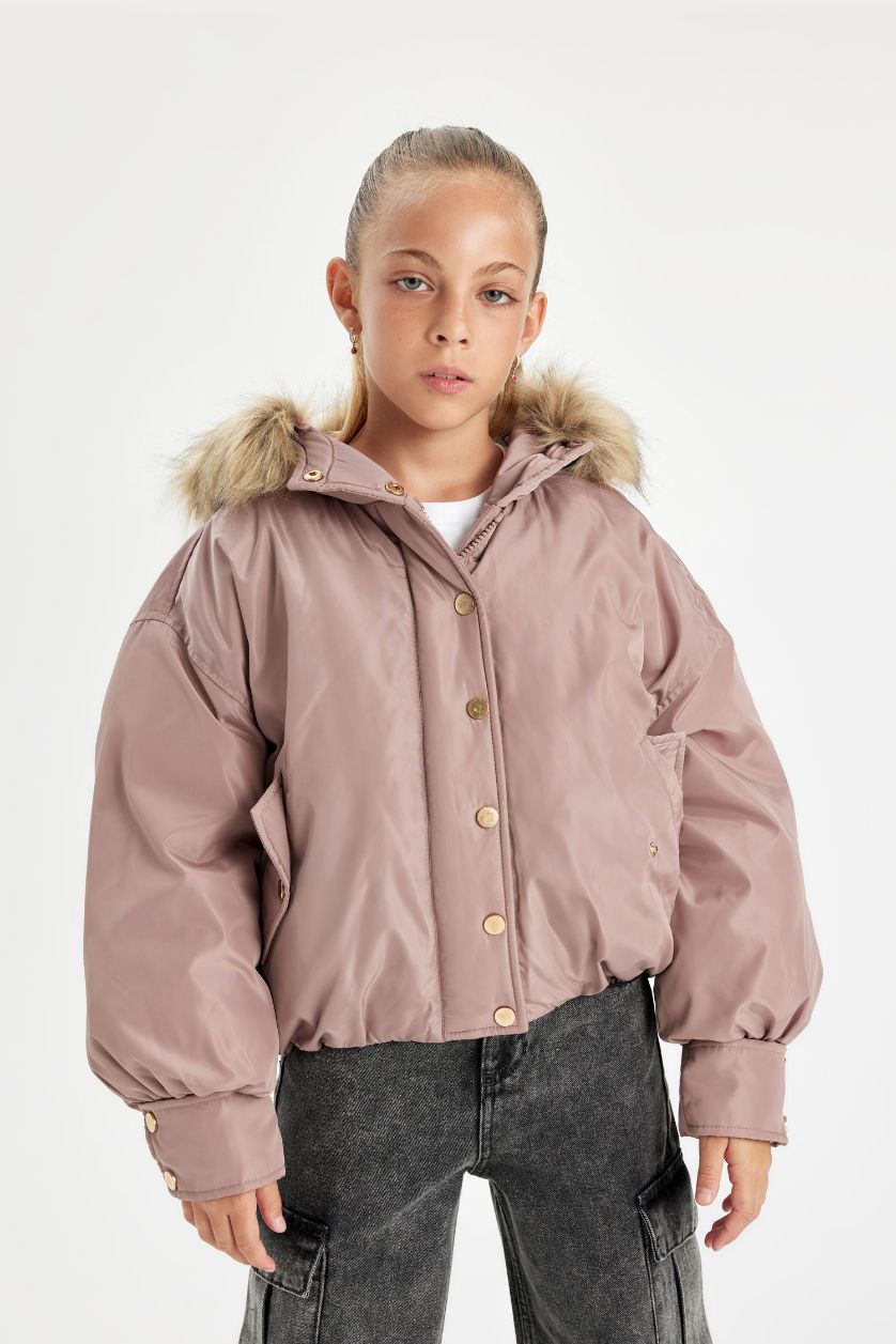FILLES Bordeaux Jacket Oversize à capuche amovible et à boutons-pression pour Fille