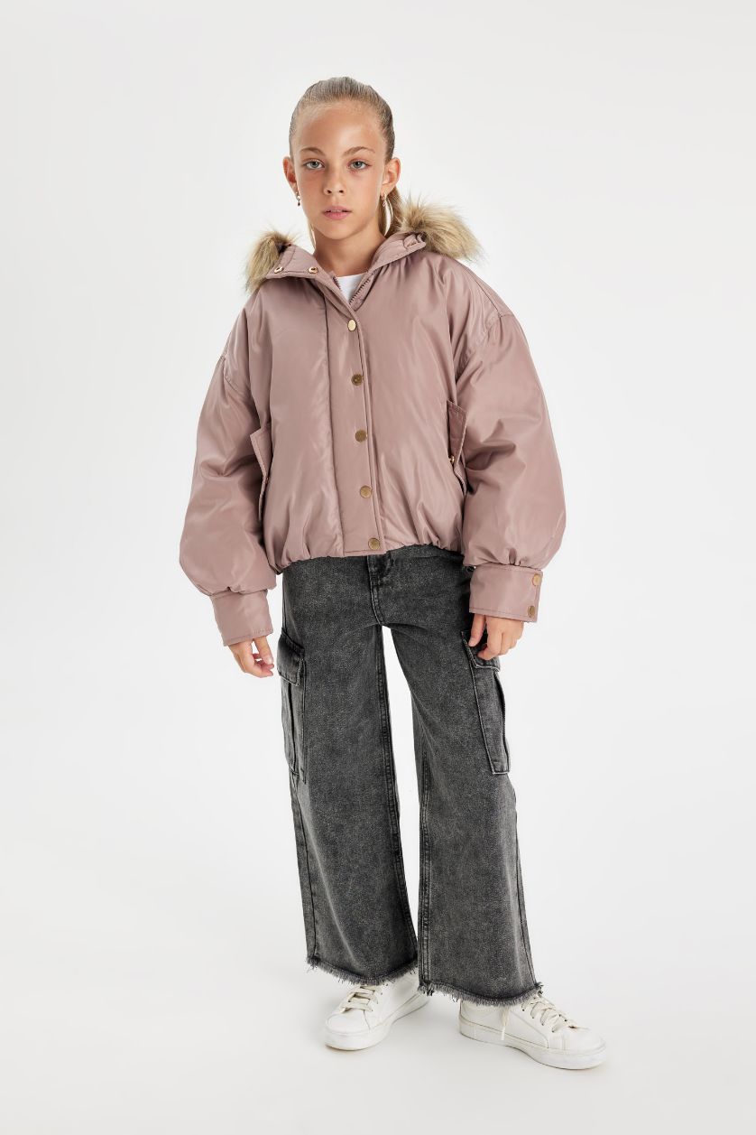 FILLES Bordeaux Jacket Oversize à capuche amovible et à boutons-pression pour Fille