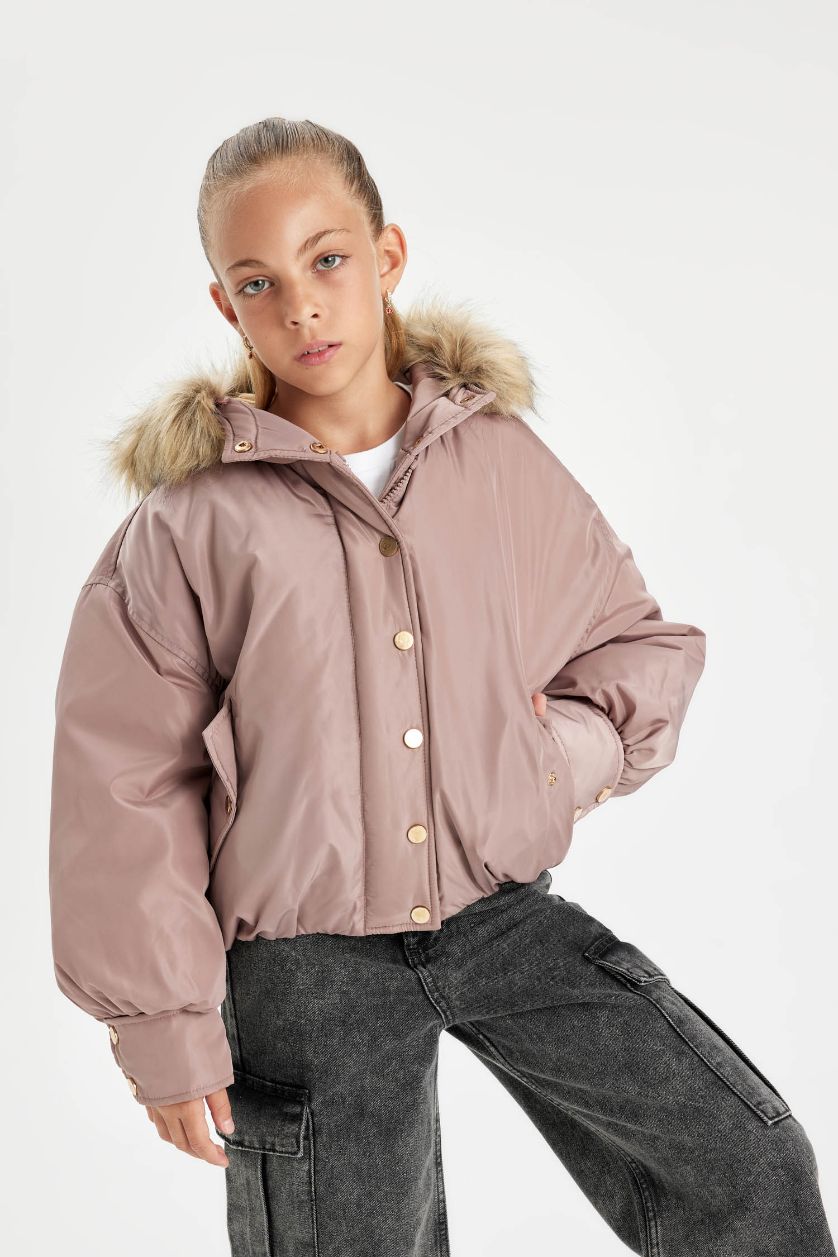 FILLES Bordeaux Jacket Oversize à capuche amovible et à boutons-pression pour Fille