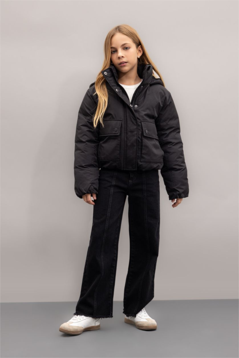 Kız Çocuk - Genç Kız Siyah Kız Çocuk Su Geçirmez Kapüşonlu Şişme Mont Çıtçıtlı Cepli