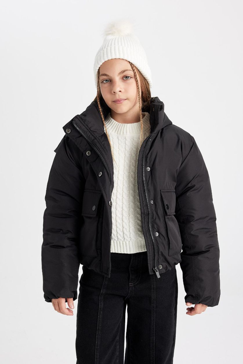 Kız Çocuk - Genç Kız Siyah Kız Çocuk Su Geçirmez Kapüşonlu Şişme Mont Çıtçıtlı Cepli