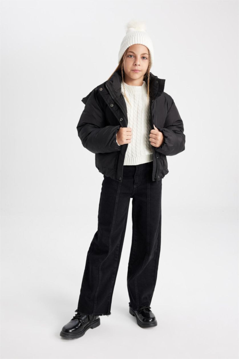 Kız Çocuk - Genç Kız Siyah Kız Çocuk Su Geçirmez Kapüşonlu Şişme Mont Çıtçıtlı Cepli