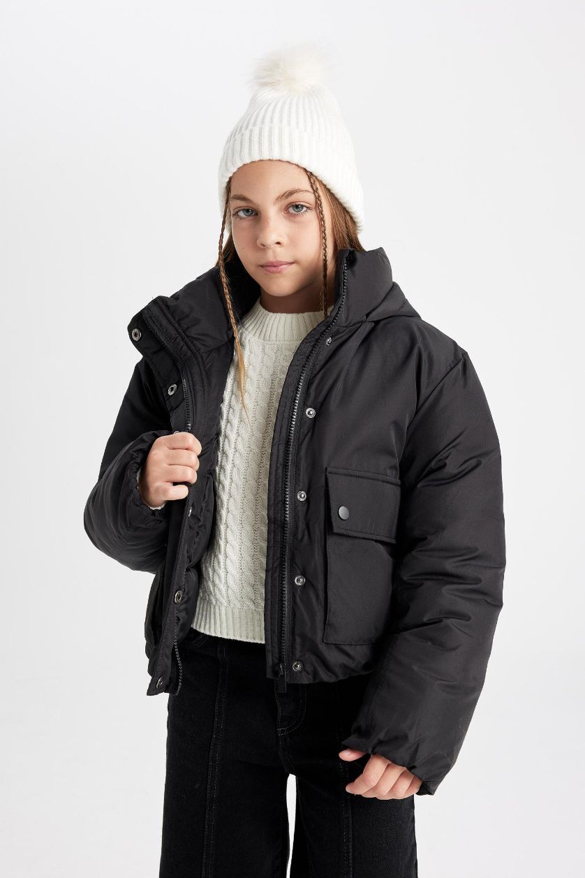 Kız Çocuk - Genç Kız Siyah Kız Çocuk Su Geçirmez Kapüşonlu Şişme Mont Çıtçıtlı Cepli