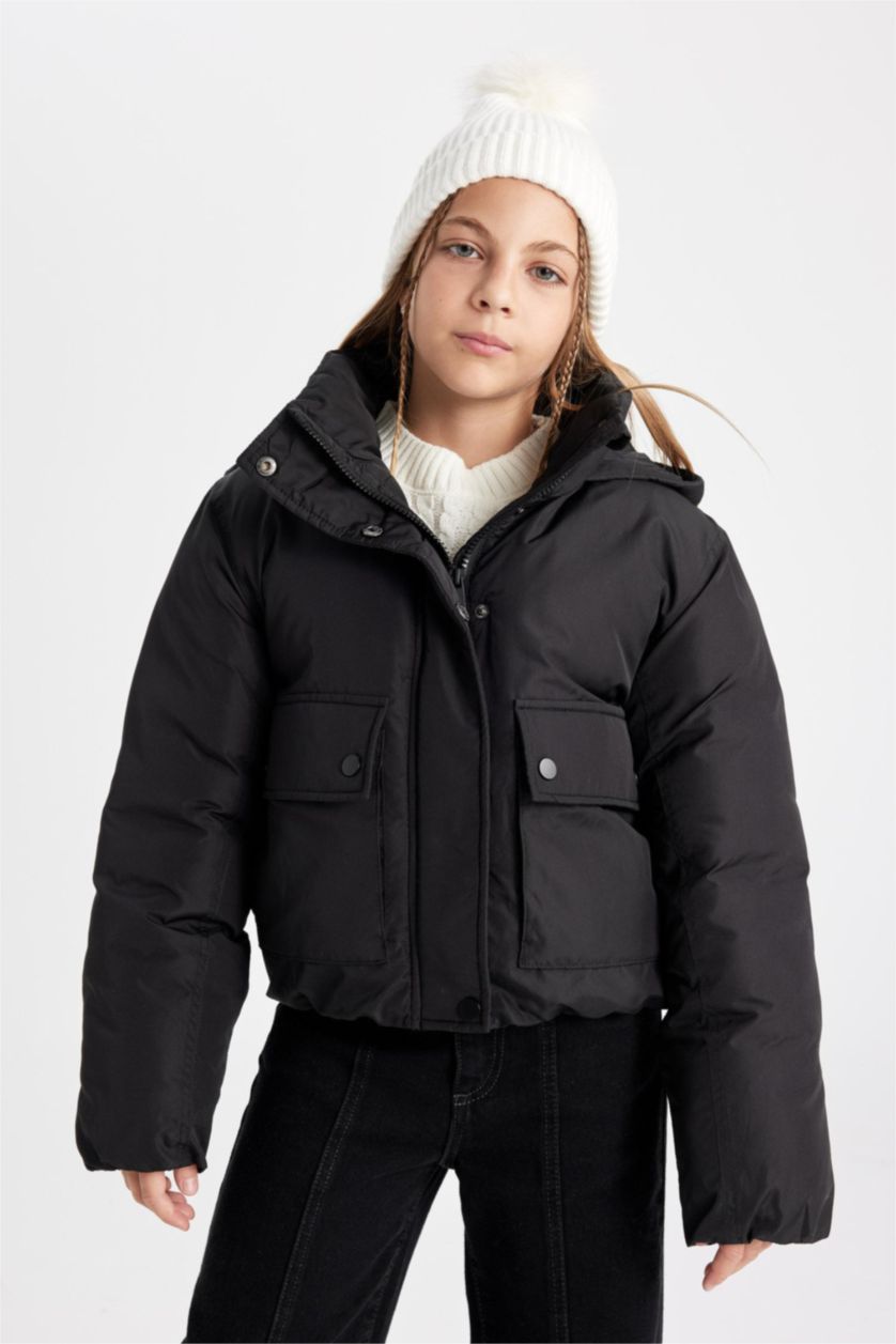 Kız Çocuk - Genç Kız Siyah Kız Çocuk Su Geçirmez Kapüşonlu Şişme Mont Çıtçıtlı Cepli