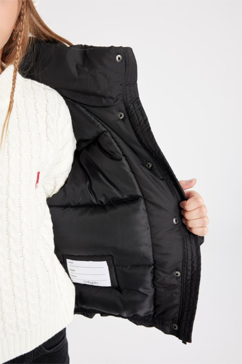 Kız Çocuk - Genç Kız Siyah Kız Çocuk Su Geçirmez Kapüşonlu Şişme Mont Çıtçıtlı Cepli