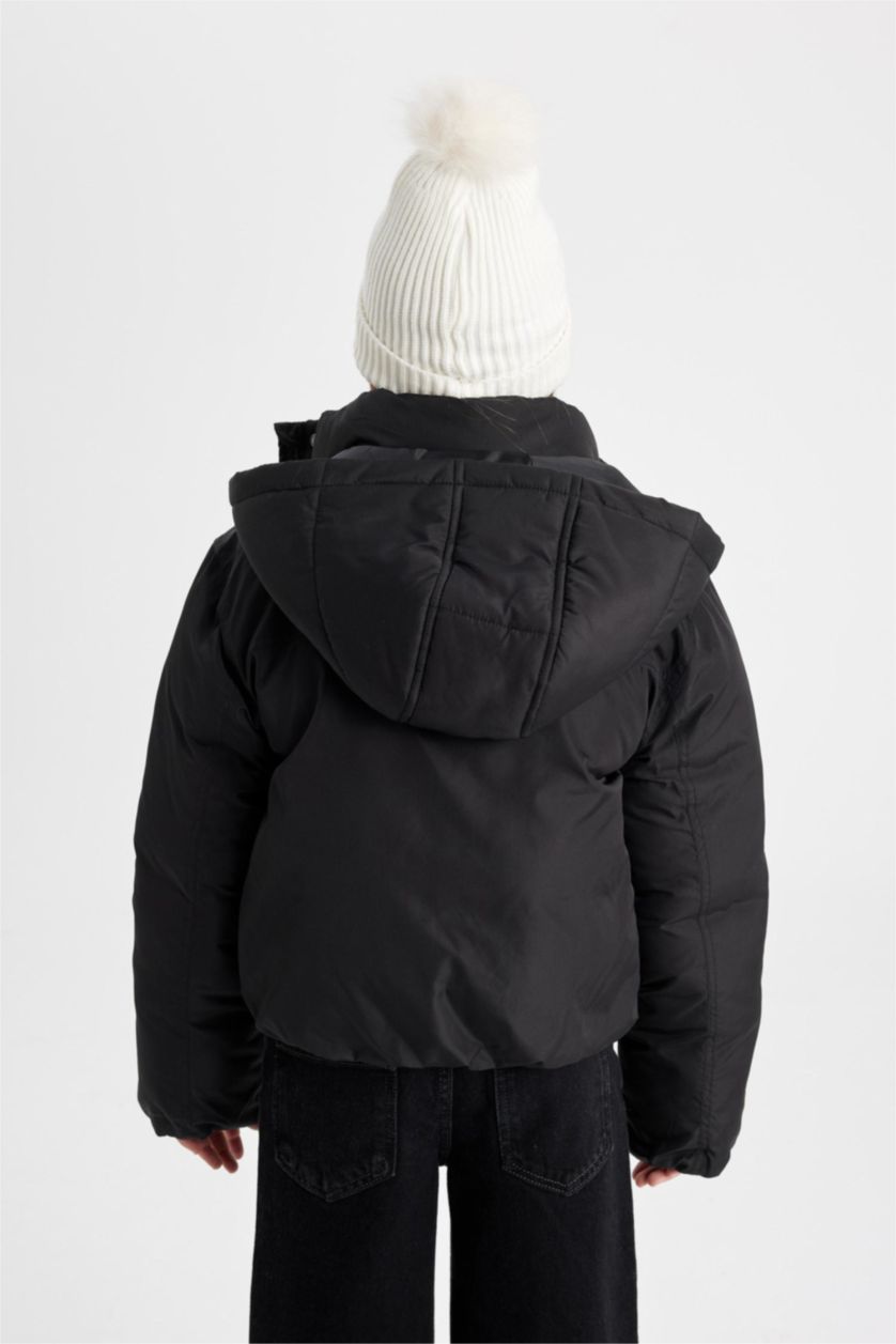 Kız Çocuk - Genç Kız Siyah Kız Çocuk Su Geçirmez Kapüşonlu Şişme Mont Çıtçıtlı Cepli