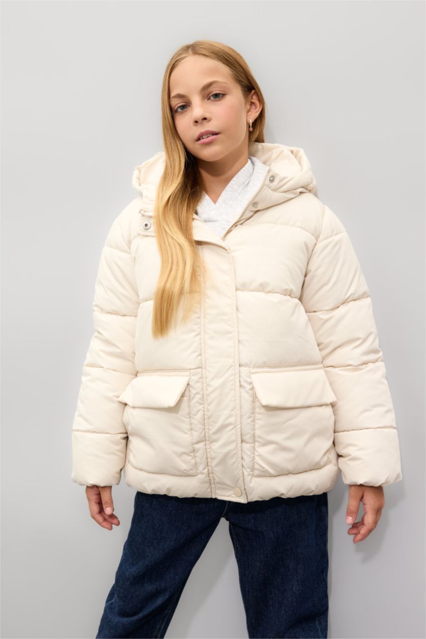 Kız Çocuk - Genç Kız Ekru Kız Çocuk Su Geçirmez Şişme Mont Kapüşonlu Polar Astarlı Fermuarlı Cepli
