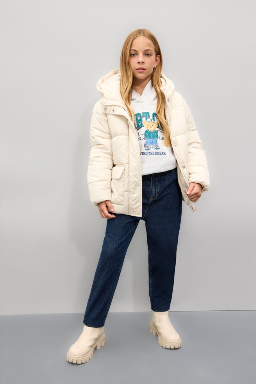 Kız Çocuk - Genç Kız Ekru Kız Çocuk Su Geçirmez Şişme Mont Kapüşonlu Polar Astarlı Fermuarlı Cepli