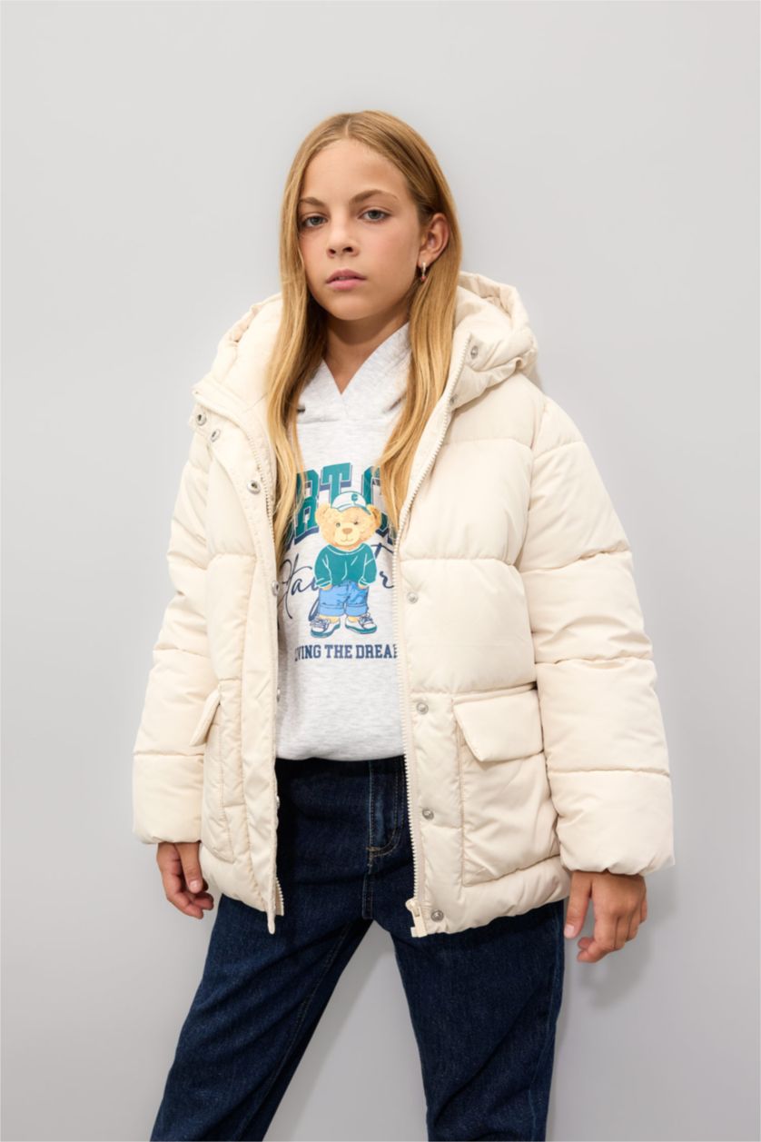 Kız Çocuk - Genç Kız Ekru Kız Çocuk Su Geçirmez Şişme Mont Kapüşonlu Polar Astarlı Fermuarlı Cepli