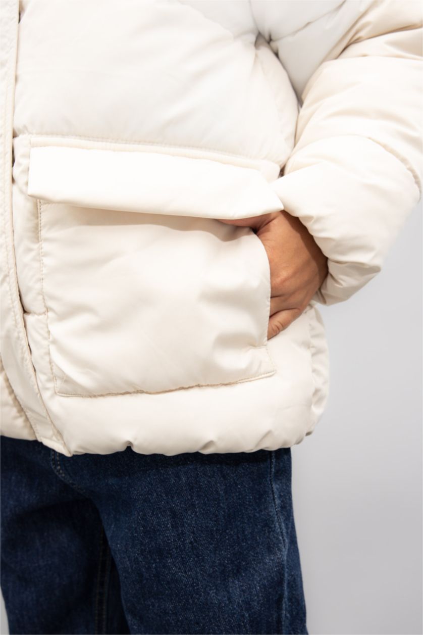 Kız Çocuk - Genç Kız Ekru Kız Çocuk Su Geçirmez Şişme Mont Kapüşonlu Polar Astarlı Fermuarlı Cepli