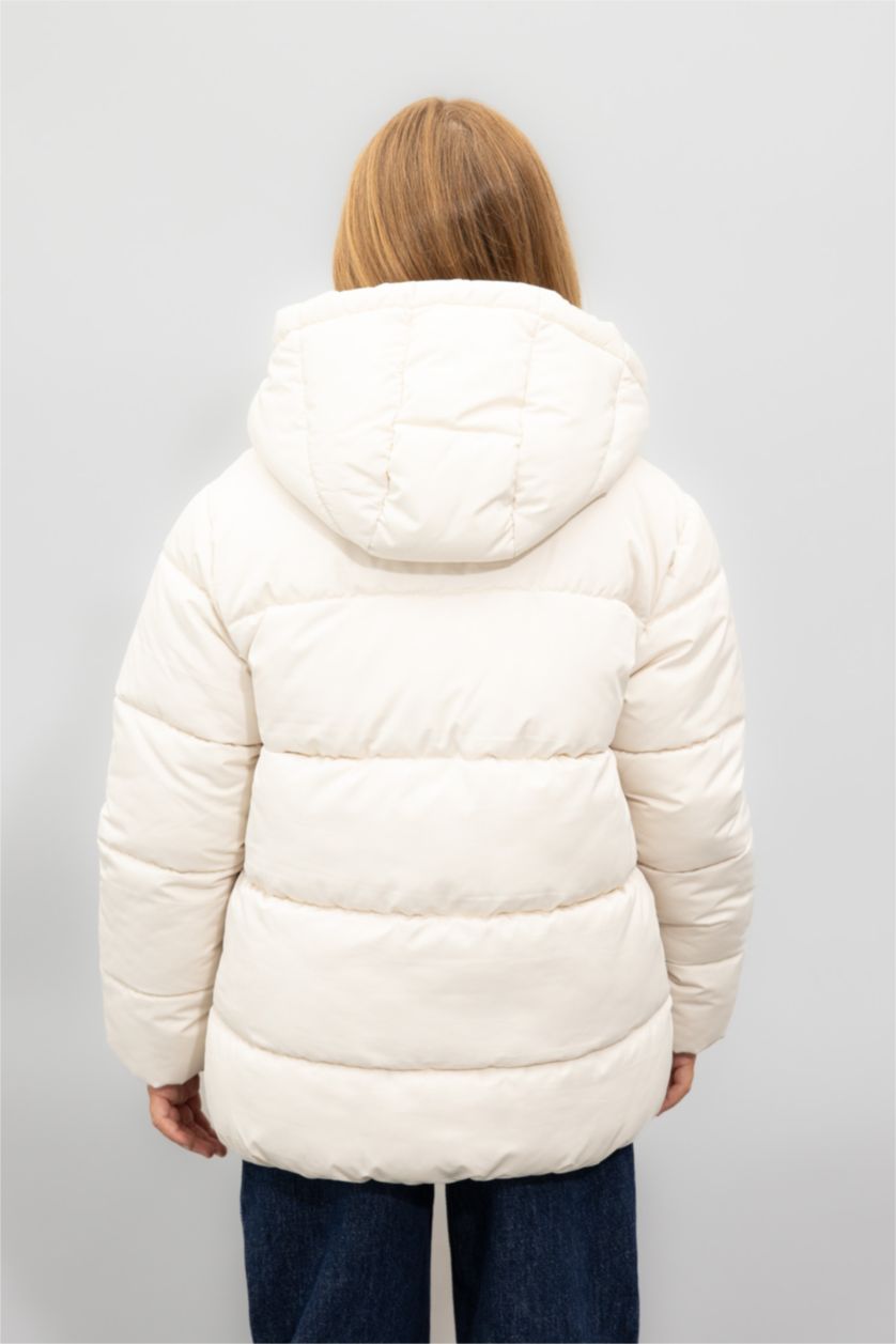 Kız Çocuk - Genç Kız Ekru Kız Çocuk Su Geçirmez Şişme Mont Kapüşonlu Polar Astarlı Fermuarlı Cepli