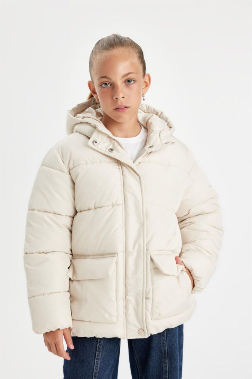 Kız Çocuk - Genç Kız Ekru Kız Çocuk Su Geçirmez Şişme Mont Kapüşonlu Polar Astarlı Fermuarlı Cepli