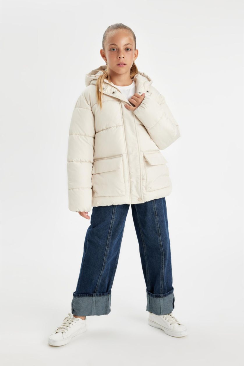 Kız Çocuk - Genç Kız Ekru Kız Çocuk Su Geçirmez Şişme Mont Kapüşonlu Polar Astarlı Fermuarlı Cepli