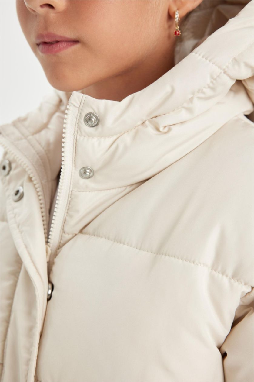 Kız Çocuk - Genç Kız Ekru Kız Çocuk Su Geçirmez Şişme Mont Kapüşonlu Polar Astarlı Fermuarlı Cepli