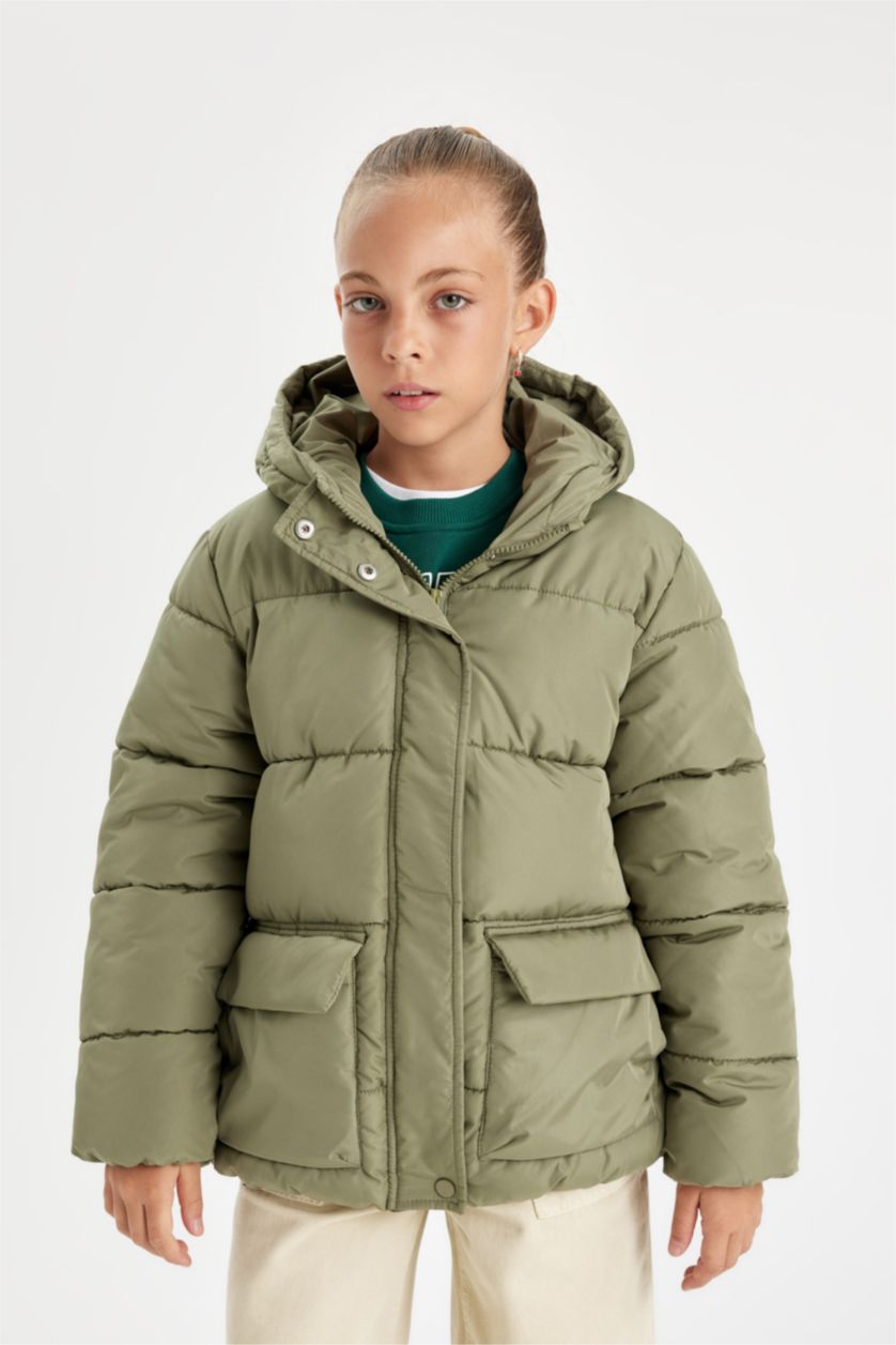 Kız Çocuk - Genç Kız Yeşil Su Geçirmez Şişme Mont Kapüşonlu Polar Astarlı Fermuarlı Cepli Kız Çocuk