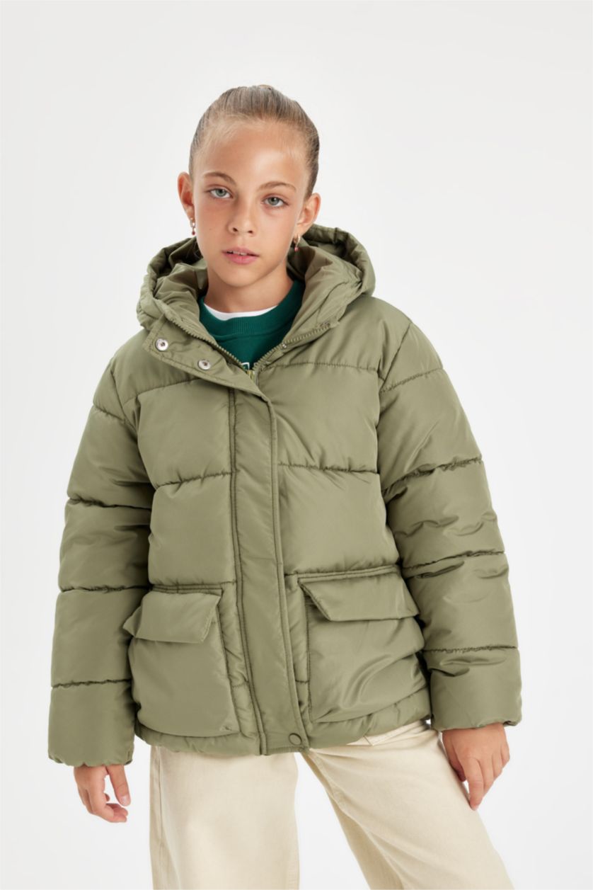Kız Çocuk - Genç Kız Yeşil Su Geçirmez Şişme Mont Kapüşonlu Polar Astarlı Fermuarlı Cepli Kız Çocuk
