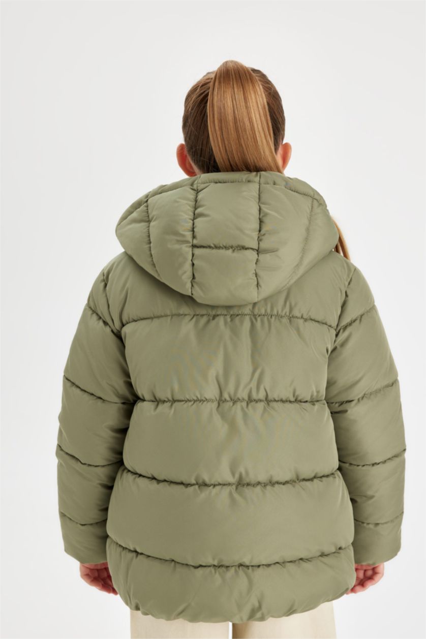 Kız Çocuk - Genç Kız Yeşil Su Geçirmez Şişme Mont Kapüşonlu Polar Astarlı Fermuarlı Cepli Kız Çocuk