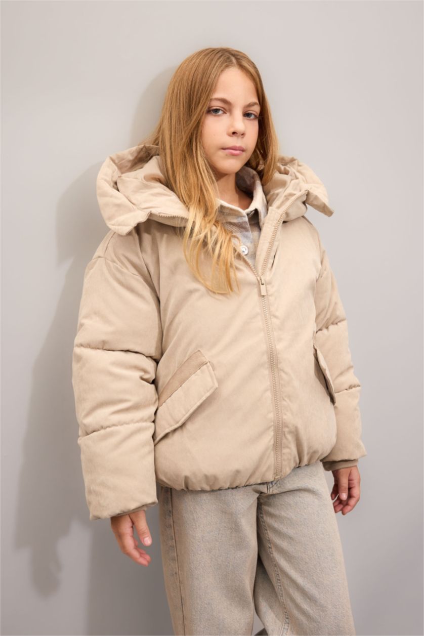 FILLES Beige Doudoune à capuche imperméable avec poches pour Fille