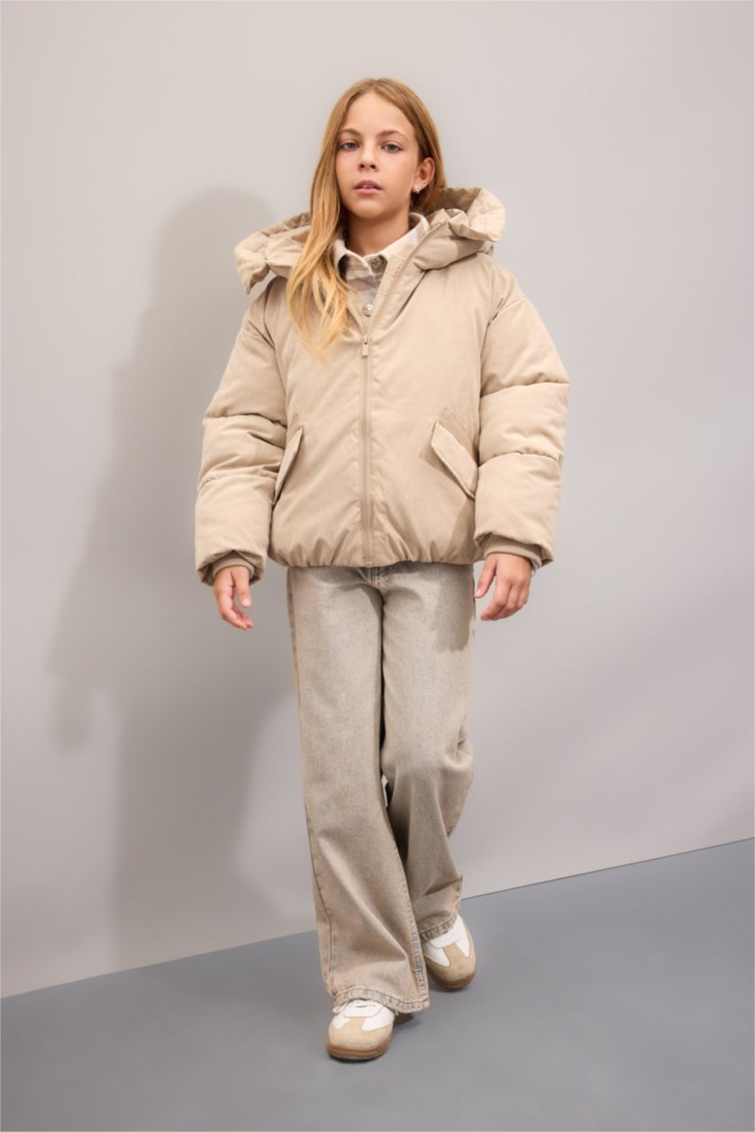 FILLES Beige Doudoune à capuche imperméable avec poches pour Fille