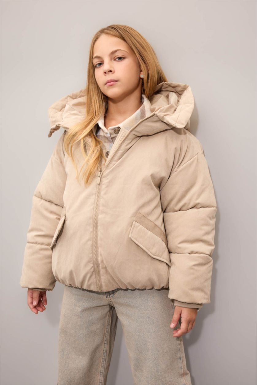 FILLES Beige Doudoune à capuche imperméable avec poches pour Fille