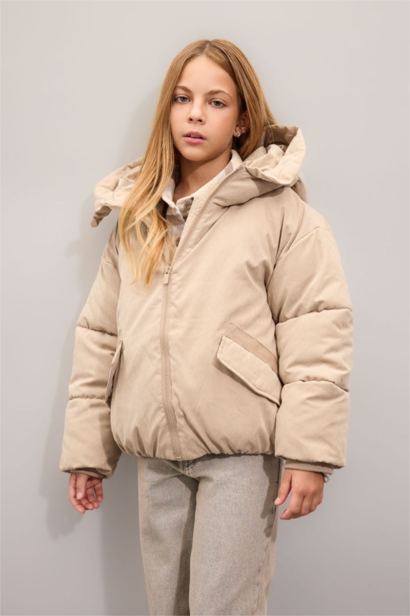 FILLES Beige Doudoune à capuche imperméable avec poches pour Fille
