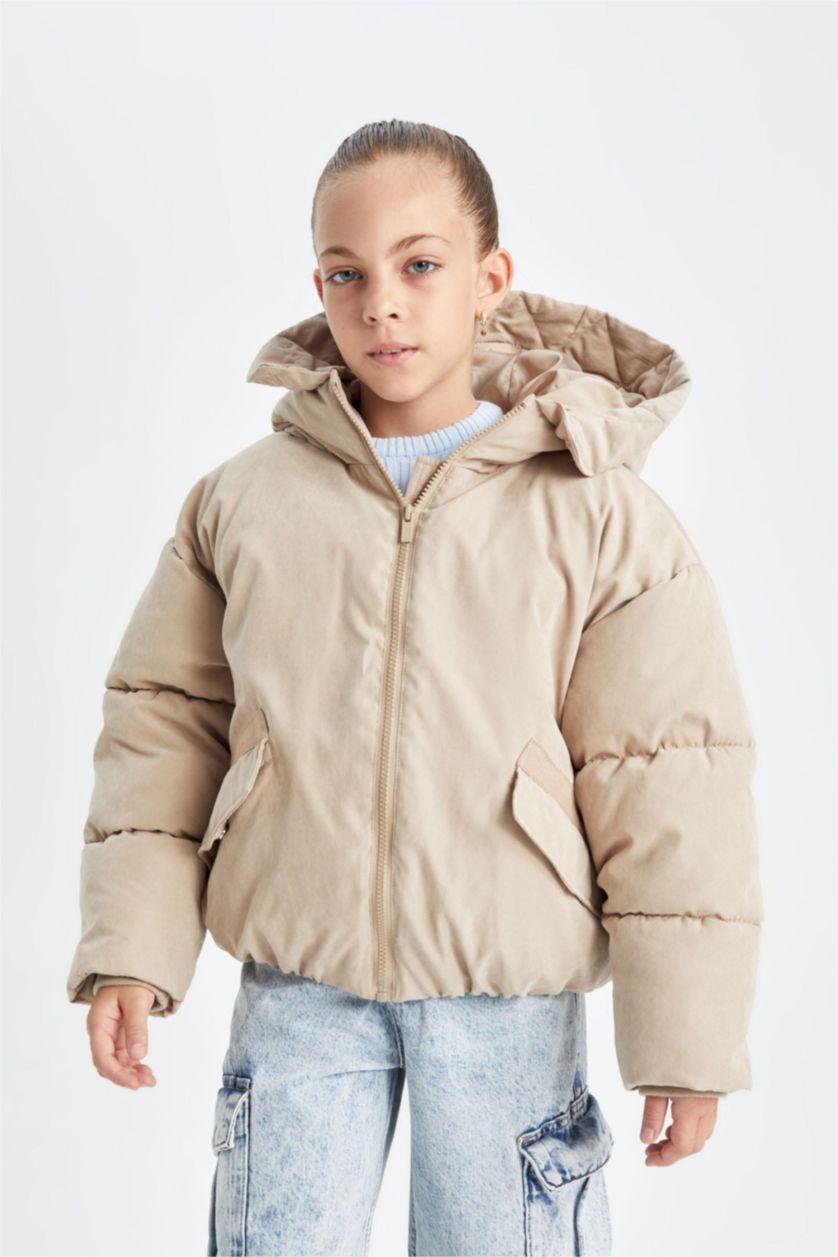 FILLES Beige Doudoune à capuche imperméable avec poches pour Fille