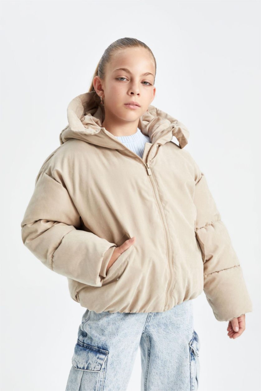 FILLES Beige Doudoune à capuche imperméable avec poches pour Fille