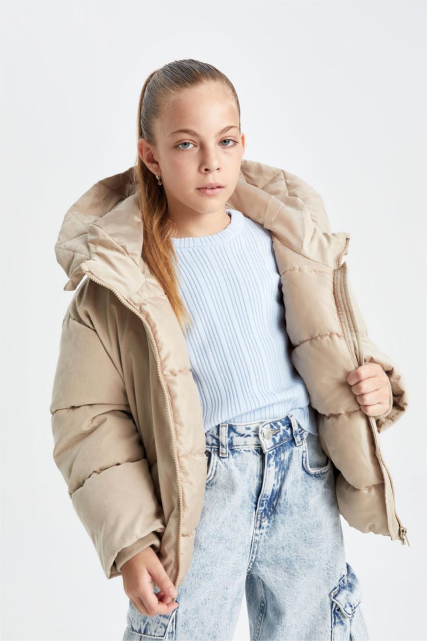 FILLES Beige Doudoune à capuche imperméable avec poches pour Fille