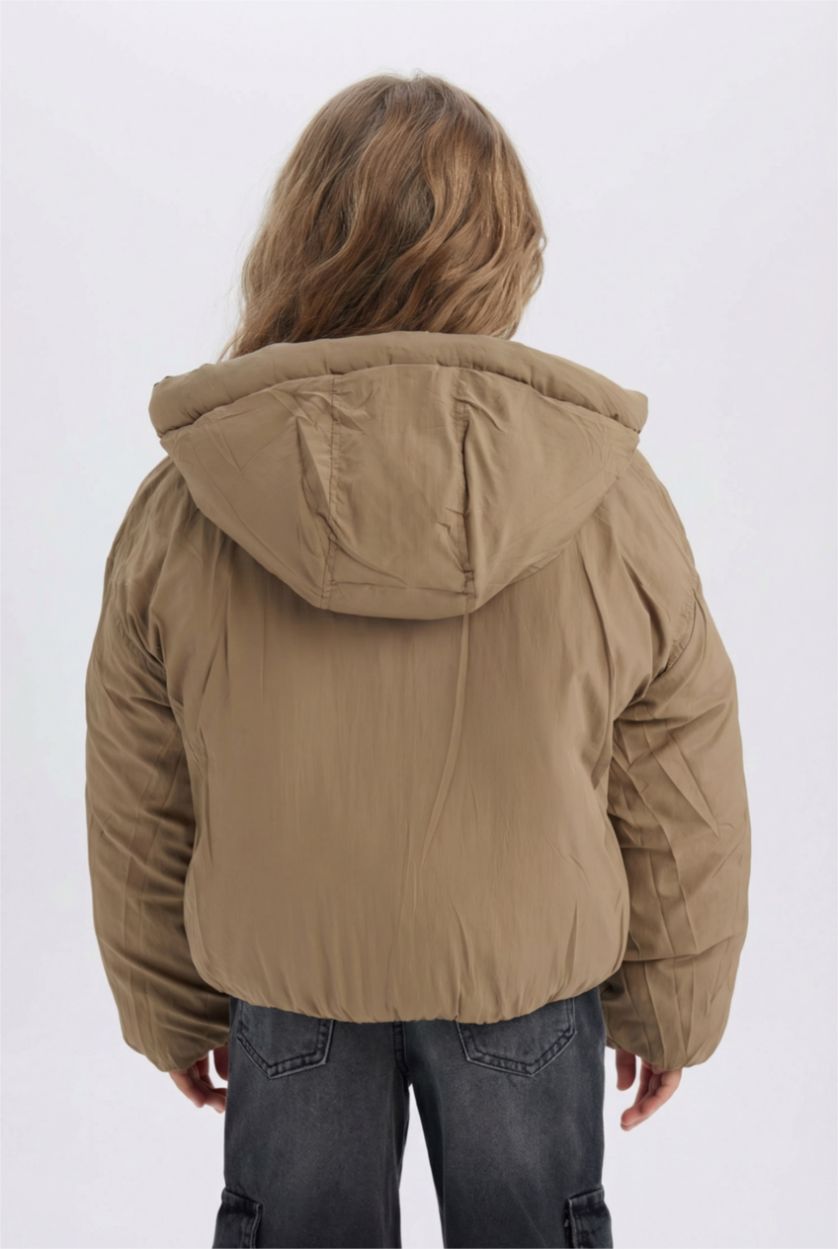 Kız Çocuk - Genç Kız Siyah Su Geçirmez Çift Taraflı Kapüşonlu Kapitoneli Fermuarlı Cepli Şişme Mont Kız Çocuk