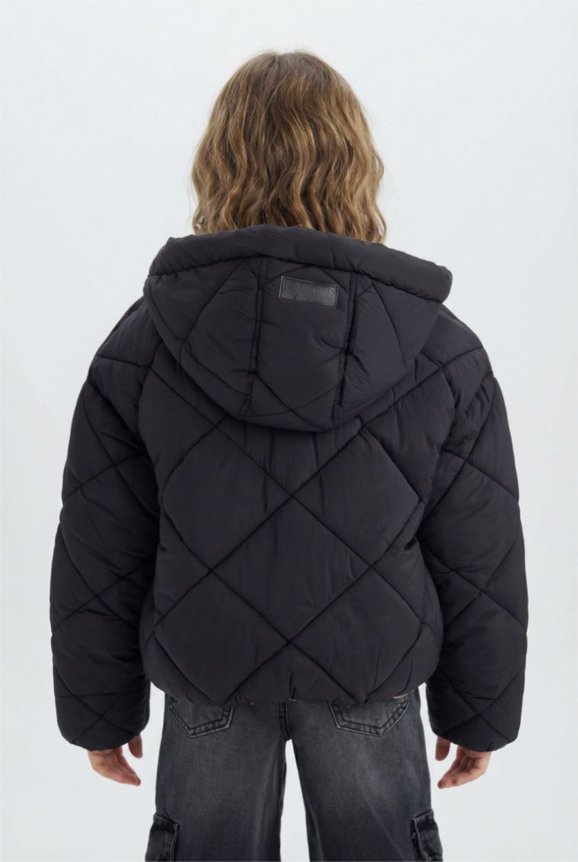 Kız Çocuk - Genç Kız Siyah Su Geçirmez Çift Taraflı Kapüşonlu Kapitoneli Fermuarlı Cepli Şişme Mont Kız Çocuk