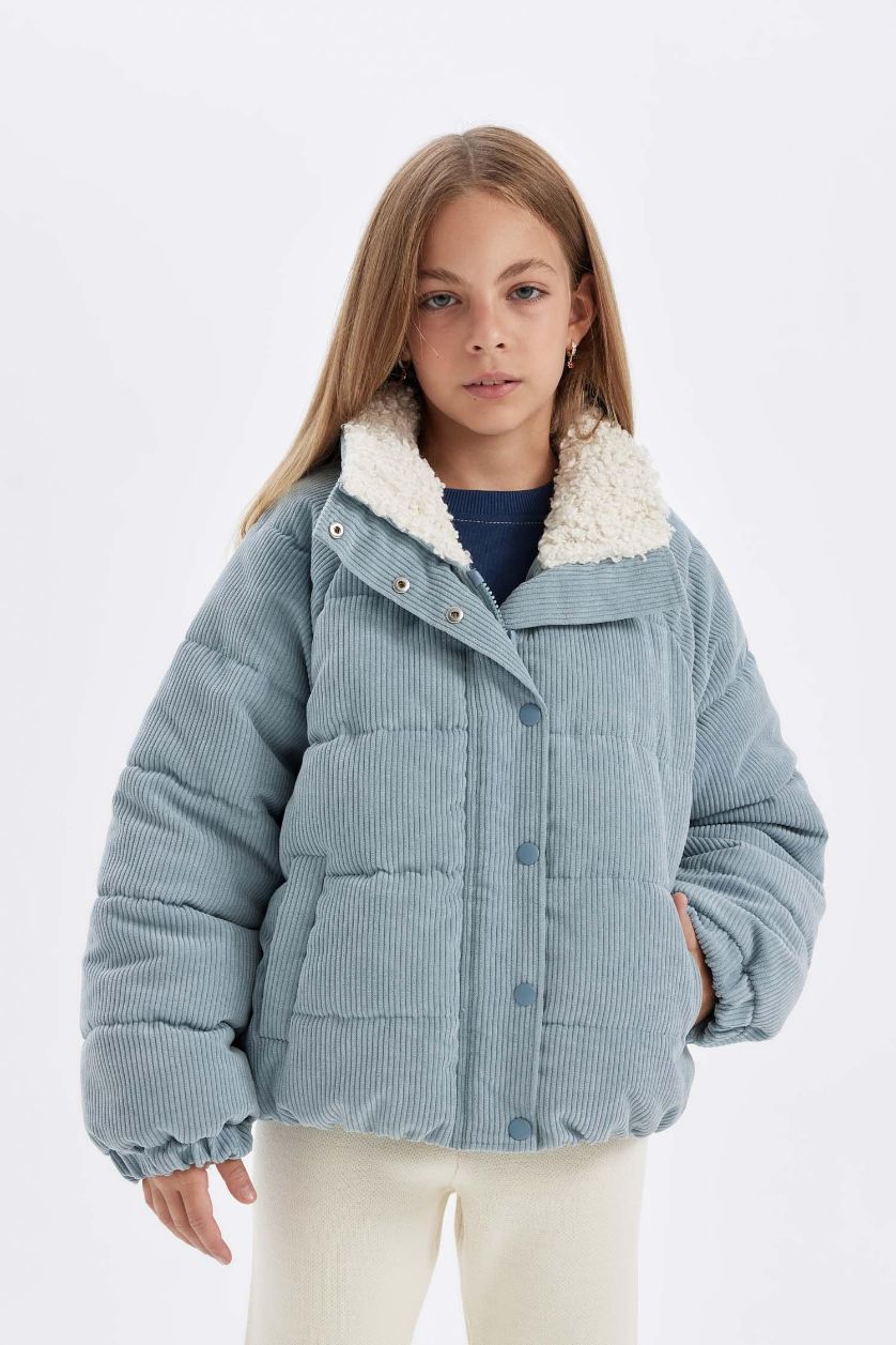 Kız Çocuk - Genç Kız Mavi Kız Çocuk Suni Kürk Yakalı Fermuar Çıtçıtlı Kadife Şişme Mont