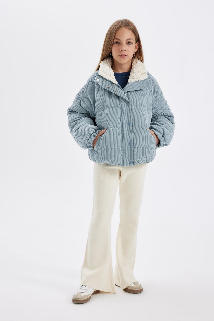 Kız Çocuk - Genç Kız Mavi Kız Çocuk Suni Kürk Yakalı Fermuar Çıtçıtlı Kadife Şişme Mont