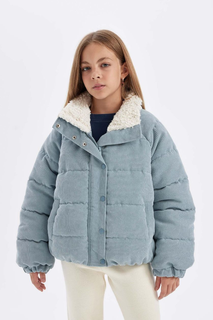 Kız Çocuk - Genç Kız Mavi Kız Çocuk Suni Kürk Yakalı Fermuar Çıtçıtlı Kadife Şişme Mont