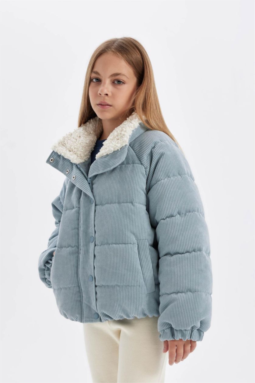 Kız Çocuk - Genç Kız Mavi Kız Çocuk Suni Kürk Yakalı Fermuar Çıtçıtlı Kadife Şişme Mont