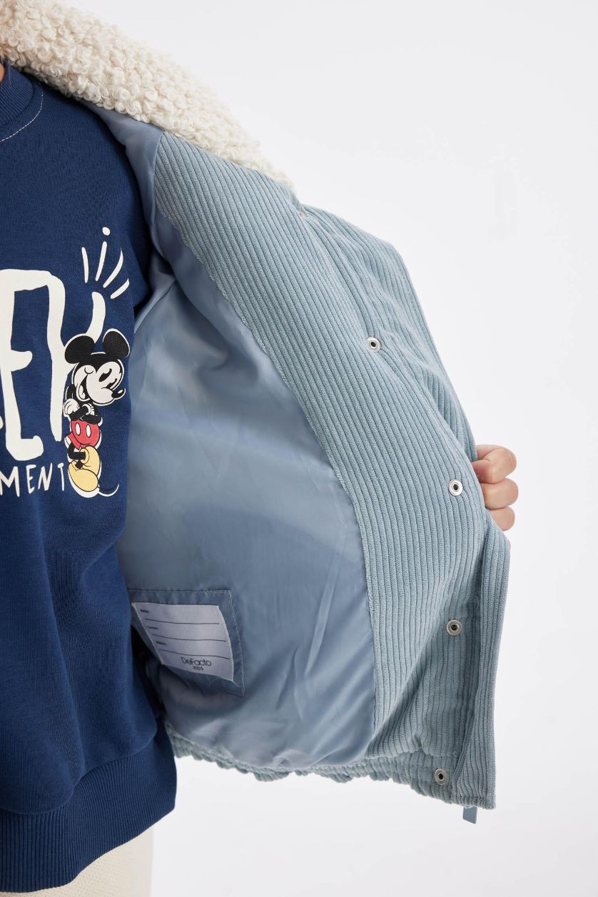 Kız Çocuk - Genç Kız Mavi Kız Çocuk Suni Kürk Yakalı Fermuar Çıtçıtlı Kadife Şişme Mont