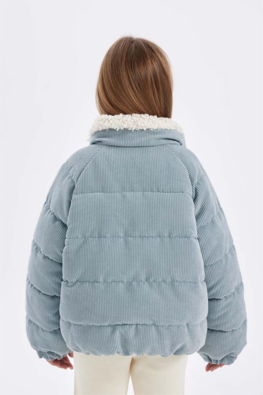 Kız Çocuk - Genç Kız Mavi Kız Çocuk Suni Kürk Yakalı Fermuar Çıtçıtlı Kadife Şişme Mont