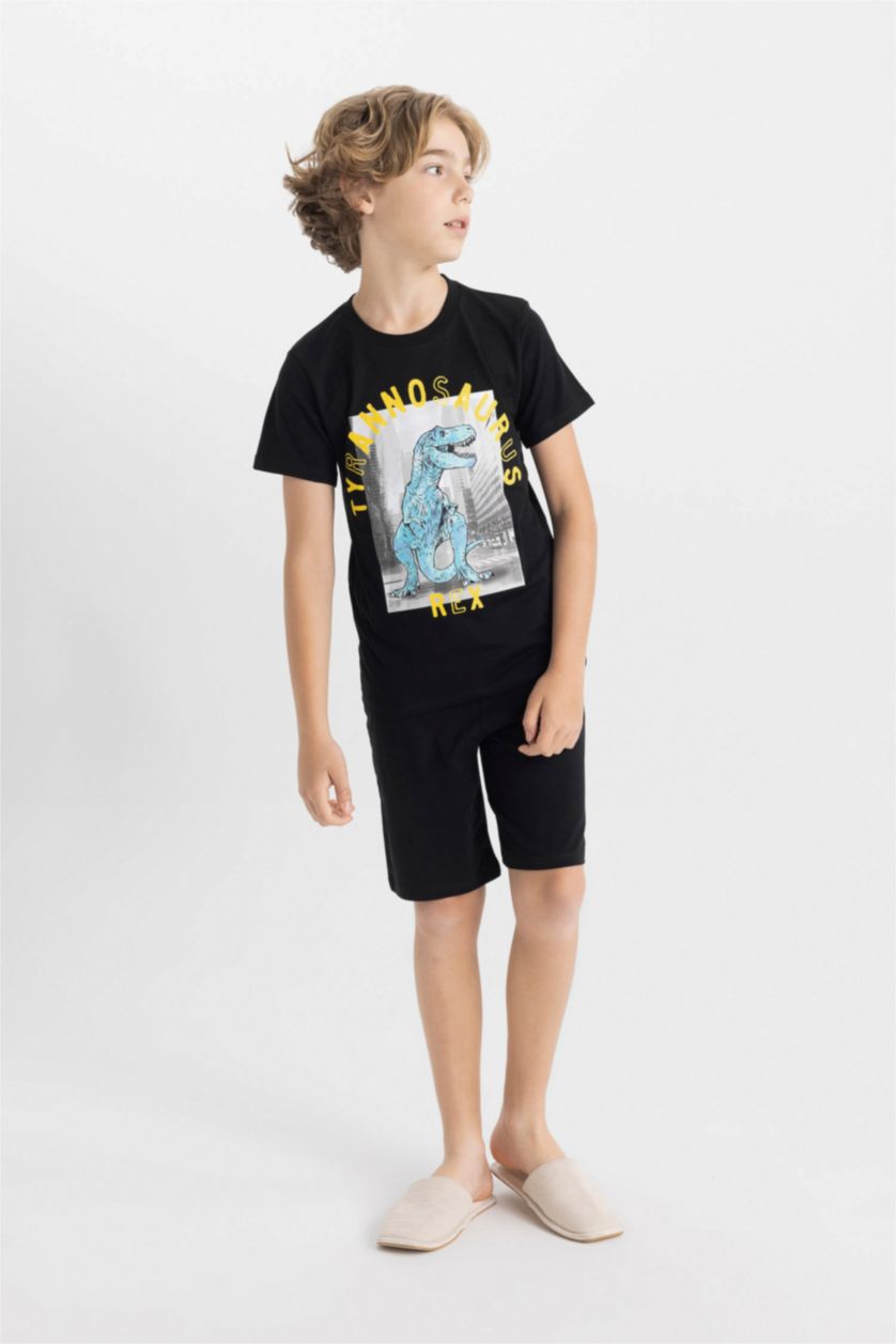 Erkek Çocuk - Genç Erkek Siyah Erkek Çocuk Baskılı Pijama Takımı Kısa Kollu Üst Şort