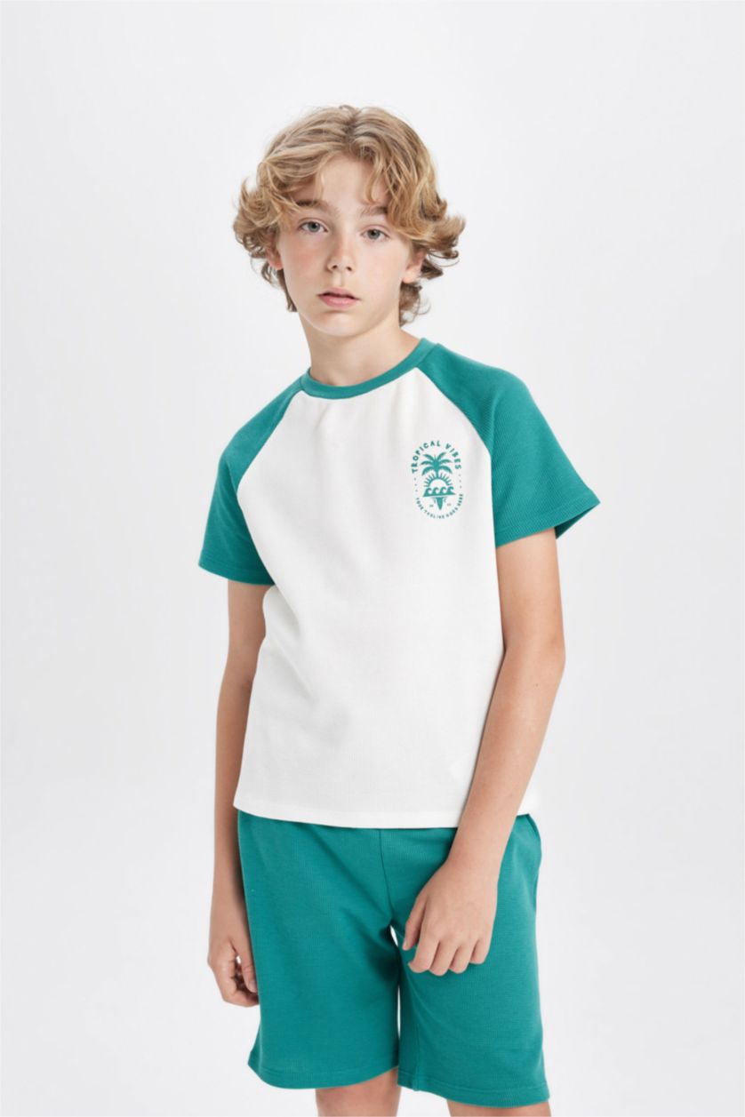 Erkek Çocuk - Genç Erkek Kırık Beyaz Erkek Çocuk Waffle Pijama Takımı Baskılı Kısa Kollu Üst Şort 