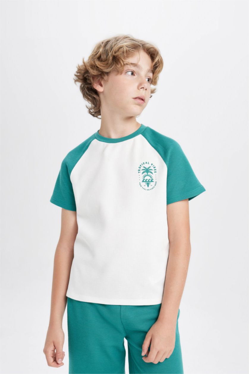 Erkek Çocuk - Genç Erkek Kırık Beyaz Erkek Çocuk Waffle Pijama Takımı Baskılı Kısa Kollu Üst Şort 