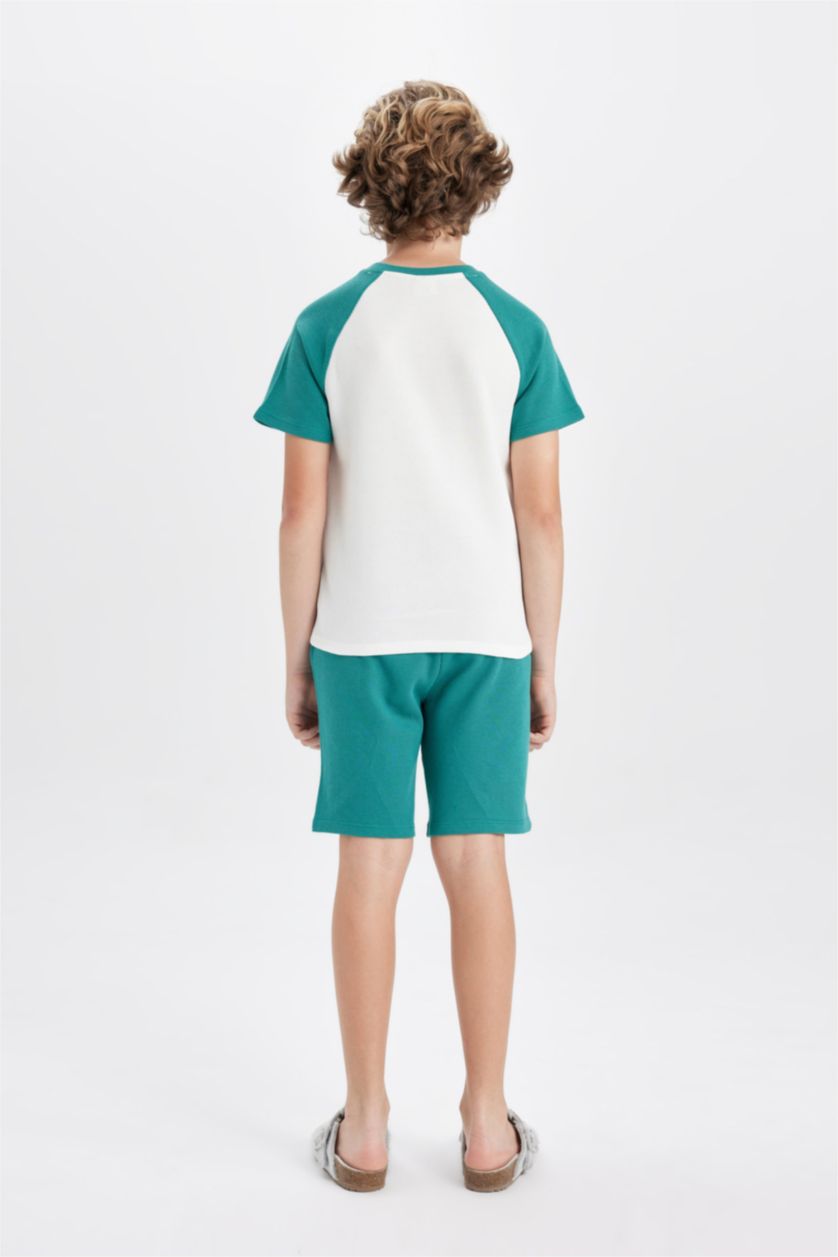 Erkek Çocuk - Genç Erkek Kırık Beyaz Erkek Çocuk Waffle Pijama Takımı Baskılı Kısa Kollu Üst Şort 