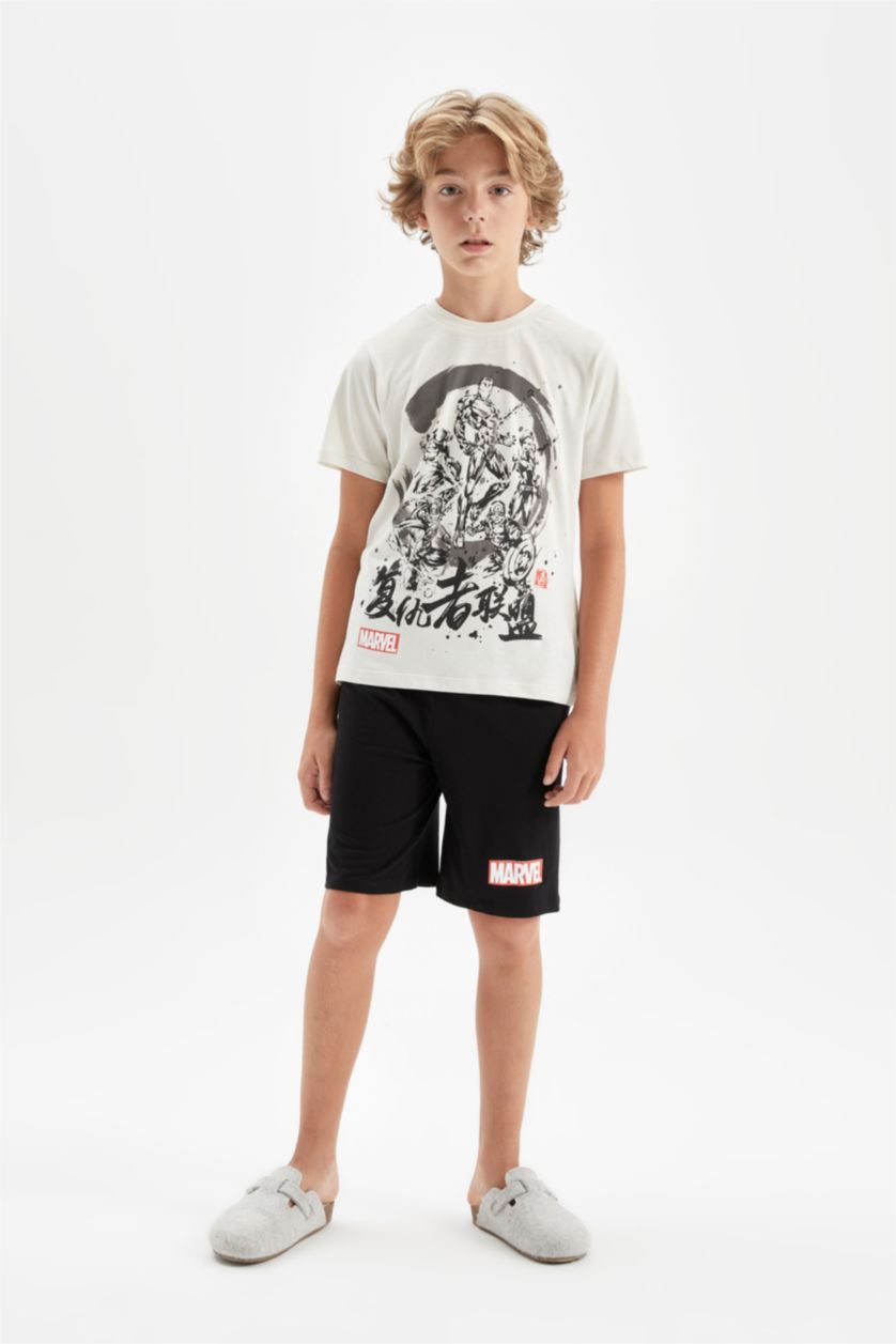Erkek Çocuk - Genç Erkek Açık Gri Erkek Çocuk Marvel Avengers Pijama Takımı Kısa Kollu Üst Şort